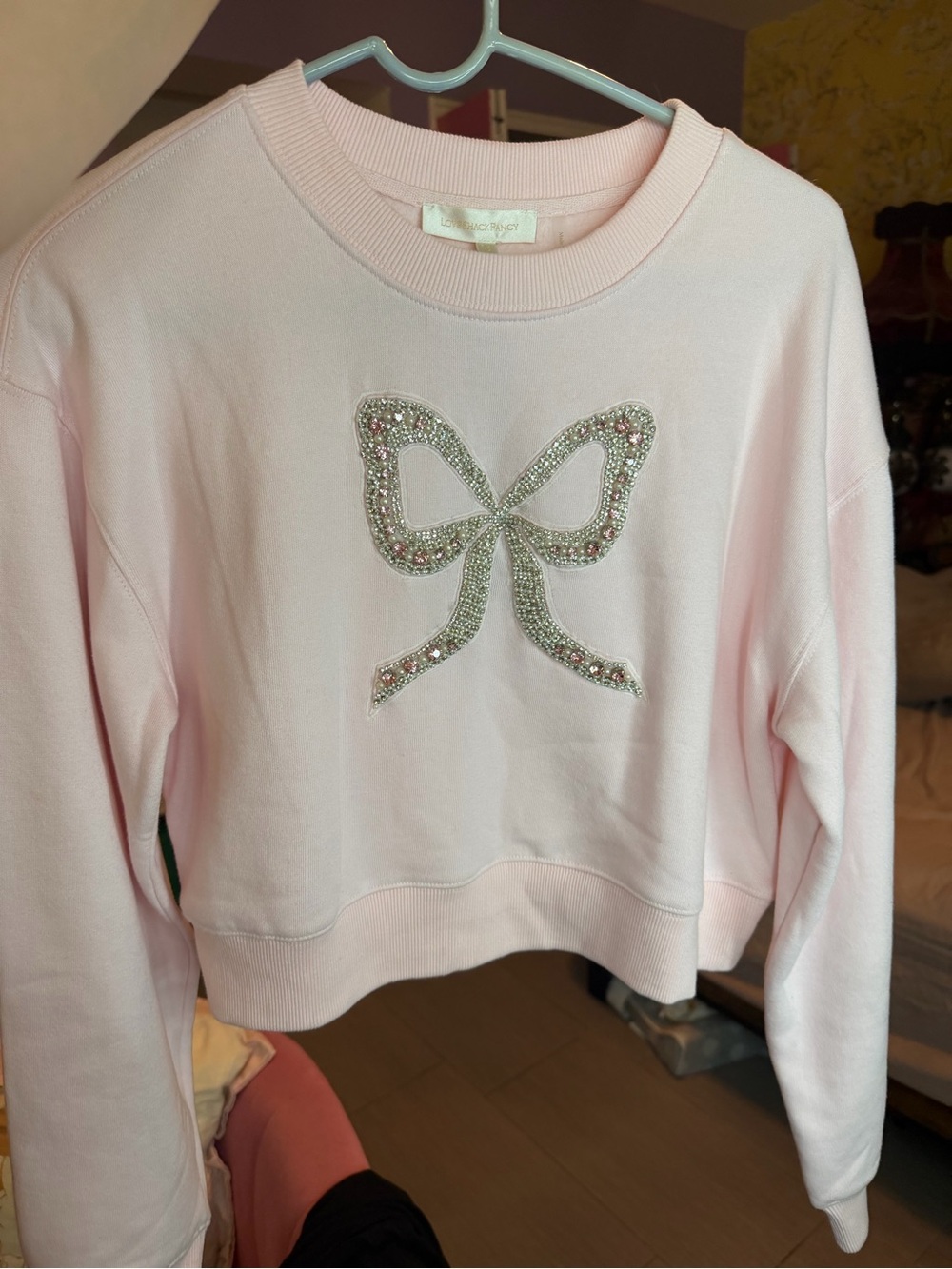 LoveShackFancy Pale Pink Jeweled Bow Crewneck Sweatshirt